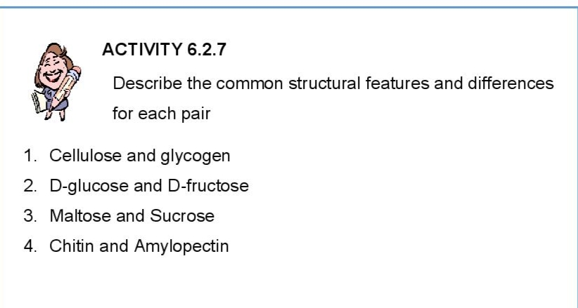 ACTIVITY 6.2.7
Describe the common structural features and differences
for each pair
1. Cellulose and glycogen
2. D-glucose and D-fructose
3. Maltose and Sucrose
4. Chitin and Amylopectin