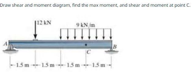 Draw shear and moment diagram, find the max moment, and shear and moment at point C.
12 kN
9 kN/m
C
-1.5 m 1.5 m 1.5 m 1.5 m
B