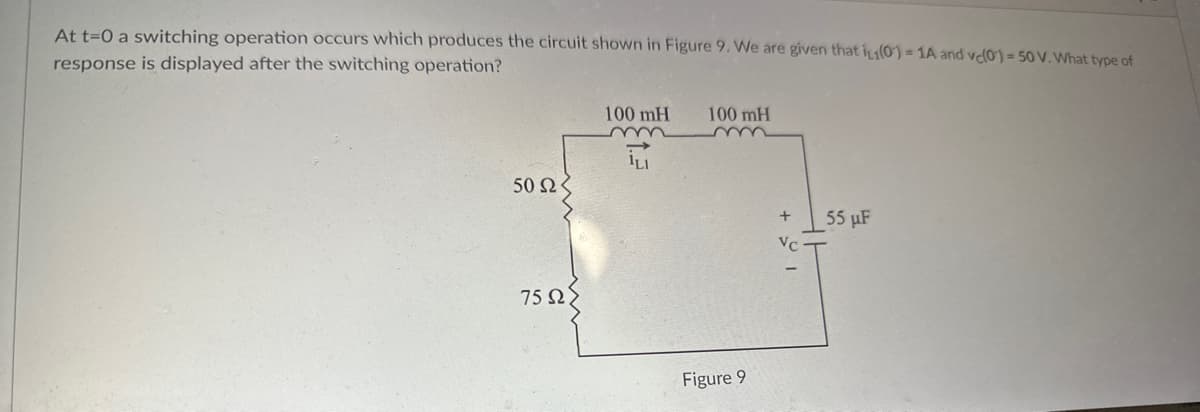 At t=0 a switching operation occurs which produces the circuit shown in Figure 9. We are given that i1(0)=1A and ve(0)- 50 V. What type of
response is displayed after the switching operation?
50 Ω ·
7502>
100 mH 100 mH
ILI
Figure 9
+
VC
55 μF