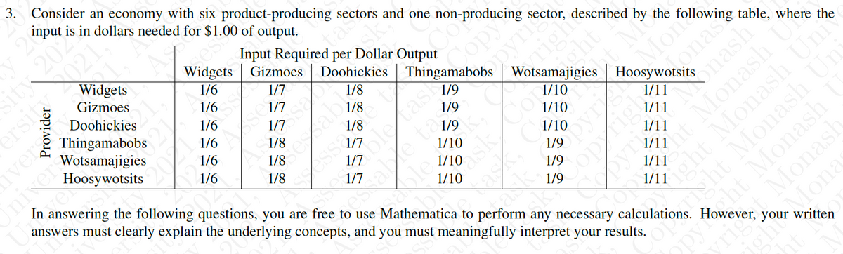 Consider an economy with six product-producing sectors and one non-producing sector, described by the
input is in dollars needed for $1.00 of output.
mests
Widgets Gizmoes
tas
Input Required per Dollar Output
Widgets
Copy
pyrig
Doohickies Thingamabobs Wotsamajigies Hoosywotsits
Gizmoes
1/6
Doohickies
1/6
1/7
monas
Mônash
1/8
Thingamabobs
Wotsamajigies
Hoosywotsits
1/7
SoletasN
1/10
1/6
1/8
1/9
niers
In
1/7
1/6
estabe tas
sable
1/8
1/8
1/10
1/6
1/8
1/9
1/10
1/11
1/6
answering the following questions, you are free to use Mathematica to perform any necessary calculations. However, your written
answers must clearly explain the underlying concepts, and you must meaningfully interpret your results.
1/8
1/10
1/11
sht Monashl
Mona
1/7
1/10
1/9
1/11
1/9
1/11
1/9
1/11
cht Monash
1/11
Monash
Opy
rig
ity 20
ersit2021
iver
Labi
righ
pyri
opyrig
ht Monash UK
mght Monash Un
