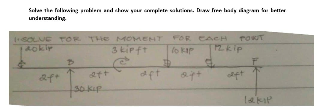 Solve the following problem and show your complete solutions. Draw free body diagram for better
understanding.
ISOLVE FOR THE MOMENT
3 kipft
2f+
B
2f+
30 KIP
aft
D
FOR CACH
lo kip
oft
€
POINT
12 kip
aft
F
A
lakip
