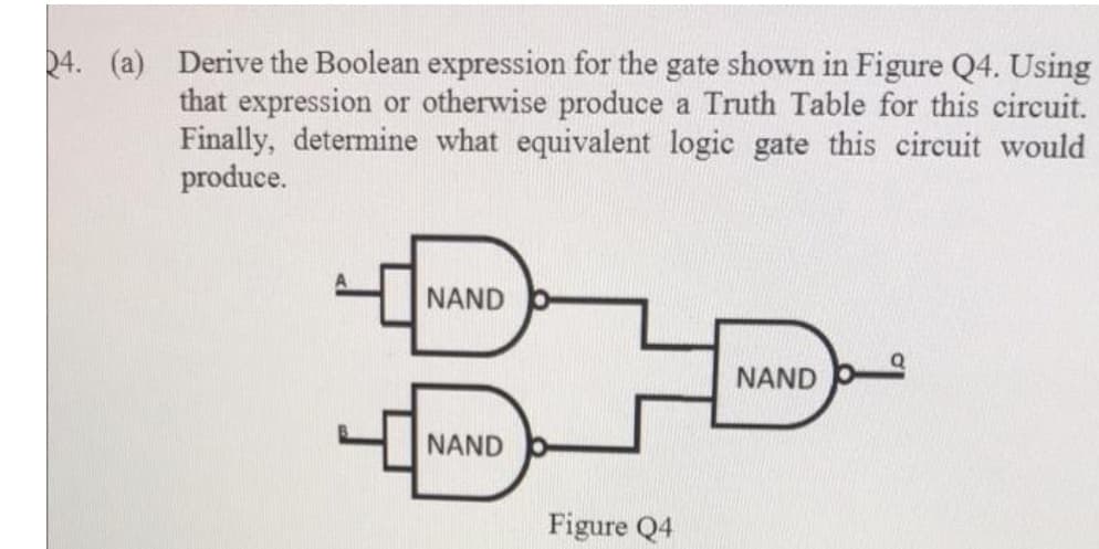 24. (a) Derive the Boolean expression for the gate shown in Figure Q4. Using
that expression or otherwise produce a Truth Table for this circuit.
Finally, determine what equivalent logic gate this circuit would
produce.
NAND
NAND b
NAND
Figure Q4
77
