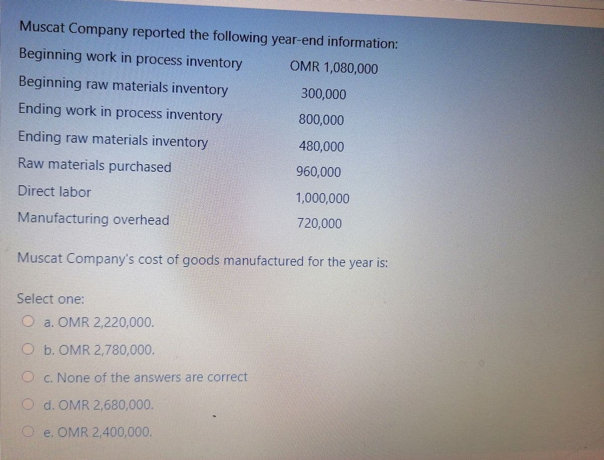 Muscat Company reported the following year-end information:
Beginning work in process inventory
OMR 1,080,000
Beginning raw materials inventory
B00,000
Ending work in process inventory
800,000
Ending raw materials inventory
480 000
Raw materials purchased
960 000
Direct labor
1,000 000
Manufacturing overhead
720,000
Muscat Company's cost of goods manufactured for the year is:
Select one:
O a. OMR 2,220,000.
O b. OMR 2780,000.
O c. None of the answers are correct
O d. OMR 2,680,000.
Oe. OMR 2,400,000.
