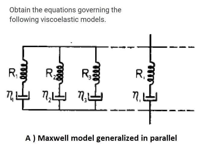 Obtain the equations governing the
following viscoelastic models.
R,
R
R
R,
A ) Maxwell model generalized in parallel
