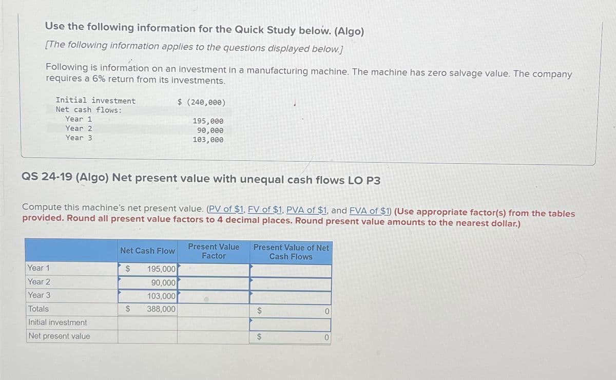 Use the following information for the Quick Study below. (Algo)
[The following information applies to the questions displayed below.]
Following is information on an investment in a manufacturing machine. The machine has zero salvage value. The company
requires a 6% return from its investments.
Initial investment
Net cash flows:
Year 1
Year 2
Year 3
Year 1
Year 2
Year 3
QS 24-19 (Algo) Net present value with unequal cash flows LO P3
Compute this machine's net present value. (PV of $1, FV of $1, PVA of $1, and FVA of $1) (Use appropriate factor(s) from the tables
provided. Round all present value factors to 4 decimal places. Round present value amounts to the nearest dollar.)
Totals
Initial investment
Net present value
Net Cash Flow
$
$
$ (240,000)
195,000
90,000
103,000
388,000
195,000
90,000
103,000
Present Value
Factor
Present Value of Net
Cash Flows
$
$
0
0
