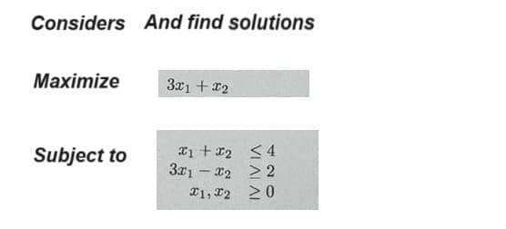 Considers And find solutions
Maximize
3x1 + x2
Subject to
x1+x2
<4
3x1 x2
≥2
x1, x2
≥0