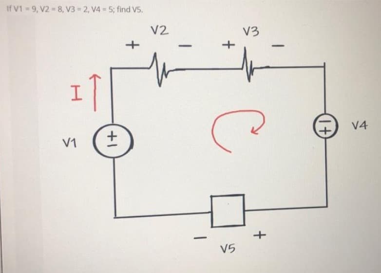 If V1-9, V2-8, V3 = 2, V4= 5; find V5.
I
V1
+1
+
V2
-
+
V3
с
V5
+
-
(+1)
V4