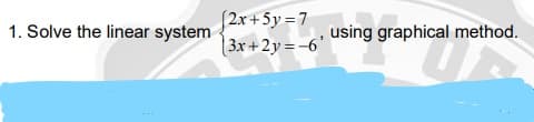 (2x+5y =7
|3x+2y =-6'
1. Solve the linear system
using graphical method.
