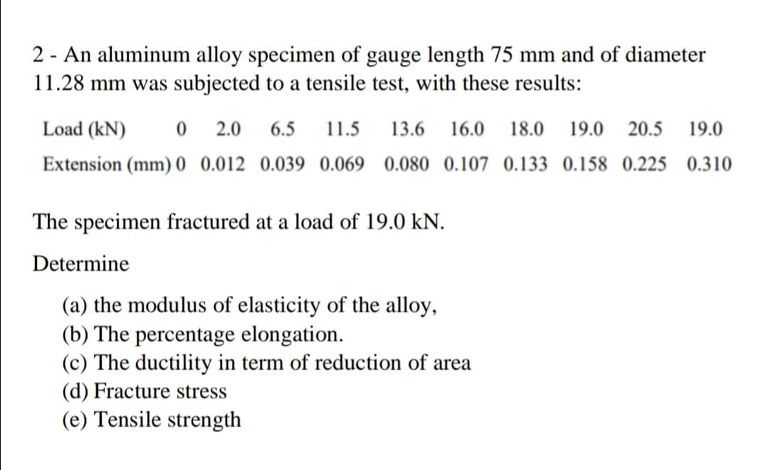 2 - An aluminum alloy specimen of gauge length 75 mm and of diameter
11.28 mm was subjected to a tensile test, with these results:
Load (kN)
2.0
6.5
11.5
13.6
16.0
18.0 19.0 20.5
19.0
Extension (mm) 0 0.012 0.039 0.069 0.080 0.107 0.133 0.158 0.225 0.310
The specimen fractured at a load of 19.0 kN.
Determine
(a) the modulus of elasticity of the alloy,
(b) The percentage elongation.
(c) The ductility in term of reduction of area
(d) Fracture stress
(e) Tensile strength
