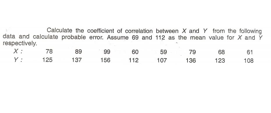 Calculate the coefficient of correlation between X and Y from the following
data and calculate probable error. Assume 69 and 112 as the mean value for X and Y
respectively.
X :
78
89
99
60
59
79
68
61
Y :
125
137
156
112
107
136
123
108
