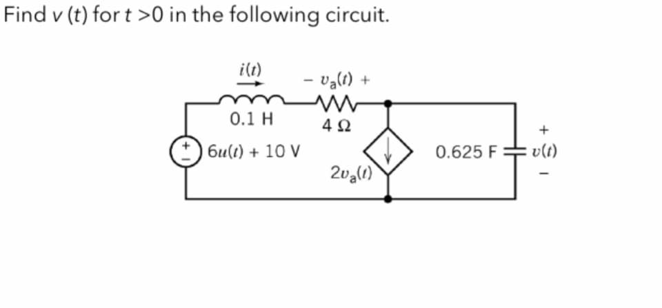 Find v (t) for t >0 in the following circuit.
0.1 H
6u(t) + 10 V
- v₂(1) +
4 Ω
2u₂(1)
+
0.625 F= v(t)
I