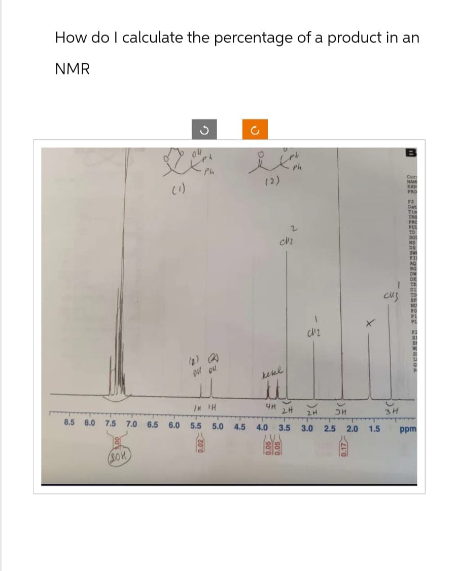 How do I calculate the percentage of a product in an
NMR
(1)
Ph
(2)
(2) (2)
он он
kekel
Curi
NAM
PRO
2
Dat
Tim
2
CM2
IN
PRO
PU
ID
sot
NS
DS
SW
FI
сиг
IN TH
чи
2H
2. H
зи
3H
8.5 8.0 7.5 7.0 6.5
6.0 5.5
5.0 4.5 4.0 3.5
3.0
2.5
2.0
1.5
15
ppm
201
200
0.17
DM
DE
TE
D1