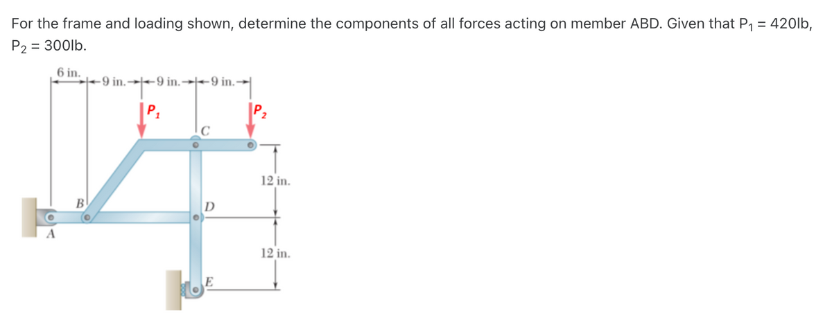 For
the frame and loading shown, determine the components of all forces acting on member ABD. Given that P₁ = 420lb,
P2 = 300lb.
6 in.
-9 in.9 in.9 in.-
P₁
D
E
12 in.
12 in.