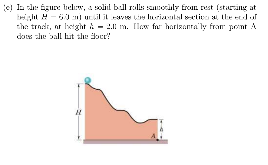 =
(e) In the figure below, a solid ball rolls smoothly from rest (starting at
height H 6.0 m) until it leaves the horizontal section at the end of
the track, at height h = 2.0 m. How far horizontally from point A
does the ball hit the floor?
H