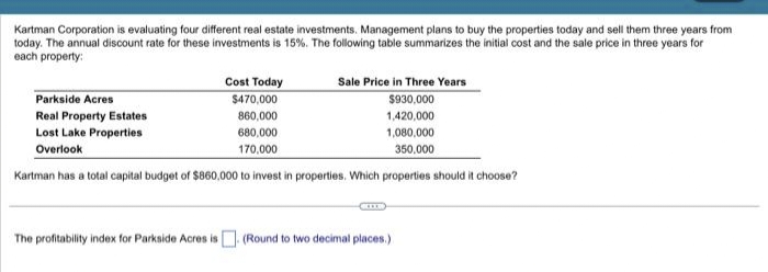 Kartman Corporation is evaluating four different real estate investments. Management plans to buy the properties today and sell them three years from
today. The annual discount rate for these investments is 15%. The following table summarizes the initial cost and the sale price in three years for
each property:
Sale Price in Three Years
Parkside Acres
Cost Today
$470,000
860,000
$930,000
Real Property Estates
1,420,000
Lost Lake Properties
680,000
1,080,000
Overlook
170,000
350.000
Kartman has a total capital budget of $860,000 to invest in properties. Which properties should it choose?
The profitability index for Parkside Acres is
(Round to two decimal places.)