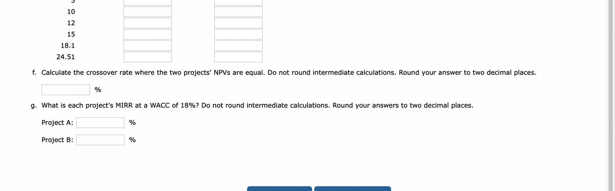 10
12
15
18.1
24.51
f. Calculate the crossover rate where the two projects' NPVs are equal. Do not round intermediate calculations. Round your answer to two decimal places.
%
g. What is each project's MIRR at a WACC of 18%? Do not round intermediate calculations. Round your answers to two decimal places.
Project A:
Project B:
%
%