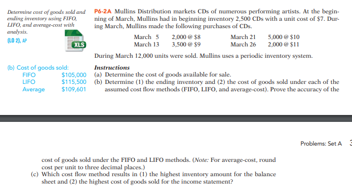 Determine cost of goods sold and
ending inventory using FIFO,
LIFO, and average-cost with
analysis.
P6-2A Mullins Distribution markets CDs of numerous performing artists. At the begin-
ning of March, Mullins had in beginning inventory 2,500 CDs with a unit cost of $7. Dur-
ing March, Mullins made the following purchases of CDs.
March 5
2,000 @ $8
3,500 @ $9
March 21
5,000 @ $10
(LO 2), AP
2,000 @ $11
XLS
March 13
March 26
During March 12,000 units were sold. Mullins uses a periodic inventory system.
(b) Cost of goods sold:
FIFO
LIFO
Instructions
(a) Determine the cost of goods available for sale.
(b) Determine (1) the ending inventory and (2) the cost of goods sold under each of the
assumed cost flow methods (FIFO, LIFO, and average-cost). Prove the accuracy of the
$105,000
$115,500
$109,601
Average
Problems: Set A
cost of goods sold under the FIFO and LIFO methods. (Note: For average-cost, round
cost per unit to three decimal places.)
(c) Which cost flow method results in (1) the highest inventory amount for the balance
sheet and (2) the highest cost of goods sold for the income statement?
