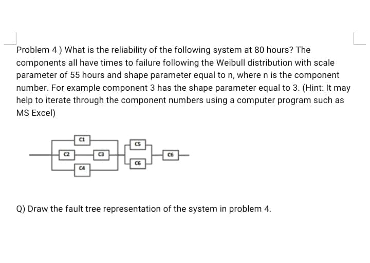 Problem 4) What is the reliability of the following system at 80 hours? The
components all have times to failure following the Weibull distribution with scale
parameter of 55 hours and shape parameter equal to n, where n is the component
number. For example component 3 has the shape parameter equal to 3. (Hint: It may
help to iterate through the component numbers using a computer program such as
MS Excel)
Q) Draw the fault tree representation of the system in problem 4.
