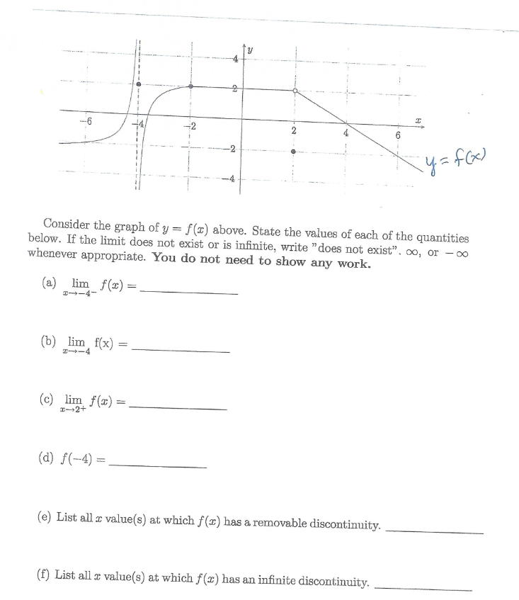 (a) lim_ f(x) =
--4-
(b) lim f(x) =
H-14
(c) lim f(x) =
x-2+
-2
(d) f(-4)=
-2
Consider the graph of y=f(x) above. State the values of each of the quantities
below. If the limit does not exist or is infinite, write "does not exist", oo, or -∞
whenever appropriate. You do not need to show any work.
(e) List alla value(s) at which f(x) has a removable discontinuity.
6
(f) List all a value(s) at which f(x) has an infinite discontinuity.
I
(Y=f(x)