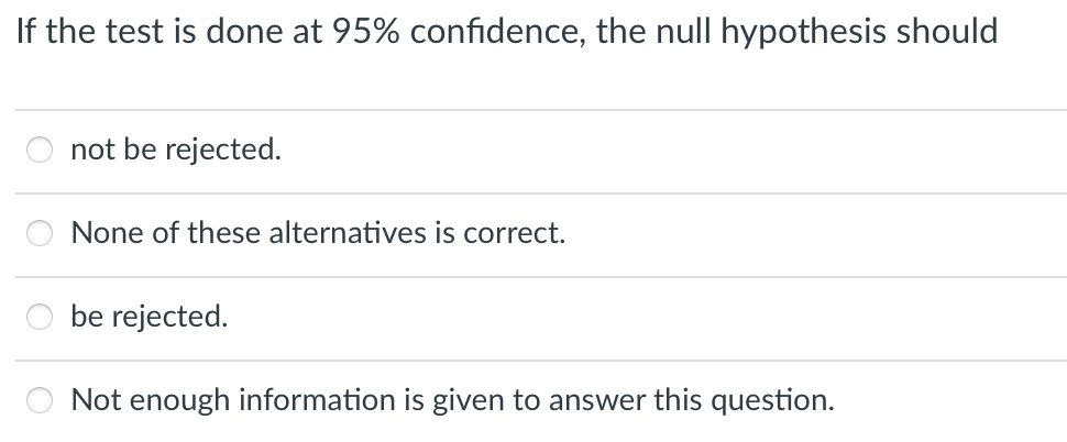 If the test is done at 95% confidence, the null hypothesis should
not be rejected.
None of these alternatives is correct.
be rejected.
Not enough information is given to answer this question.
