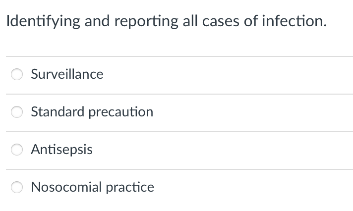Identifying and reporting all cases of infection.
Surveillance
Standard precaution
Antisepsis
Nosocomial practice
