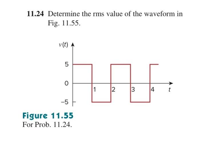 11.24 Determine the rms value of the waveform in
Fig. 11.55.
v(t) A
5
0
-5
Figure 11.55
For Prob. 11.24.
1
2 3
4
t