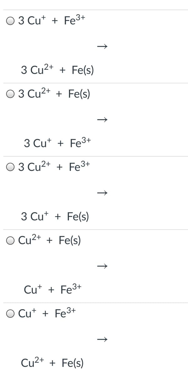 O3 Cut + Fe3+
3 Cu2+ + Fe(s)
03 Cu2+ + Fe(s)
3 Cut + Fe3+
O 3 Cu2+ + Fe3+
3 Cu* + Fe(s)
Cu2+ + Fe(s)
Cu* + Fe3+
O Cu* + Fe3+
Cu2+ + Fe(s)
