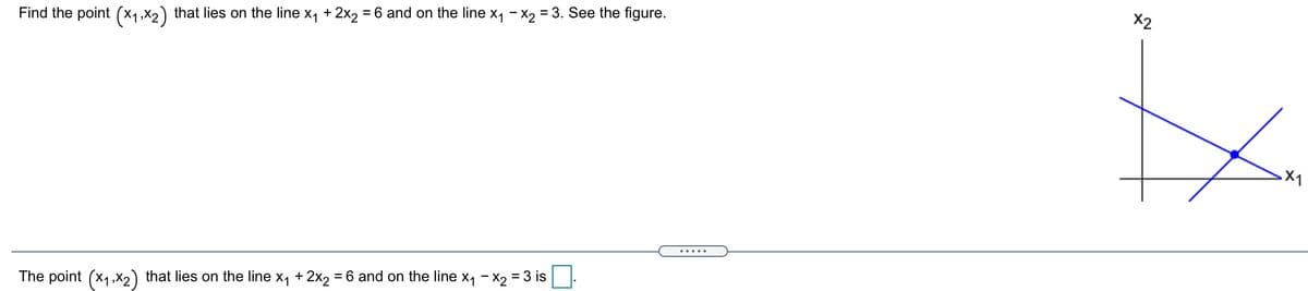 X2
%3D
Find the point (x1,x2) that lies on the line x, + 2x2 = 6 and on the line x1 - x2 = 3. See the figure.
.X1
%3D
The point (x1,x2) that lies on the line x1 + 2x2 = 6 and on the line x1 - X2 = 3 is
