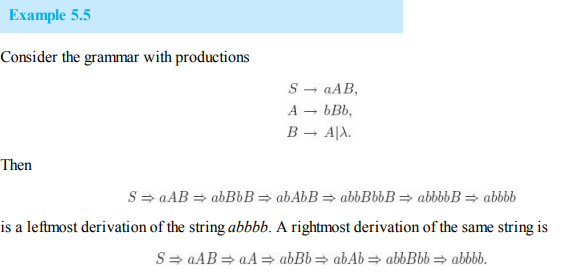 Example 5.5
Consider the grammar with productions
S - aAB,
A - bBb,
B
A|A.
Then
S= aAB = abBbB= abAbB = abbBbbB= abbbbB= abbbb
is a leftmost derivation of the string abbbb. A rightmost derivation of the same string is
S= aAB = aA = abBb= abAb = abbBbb = abbbb.
