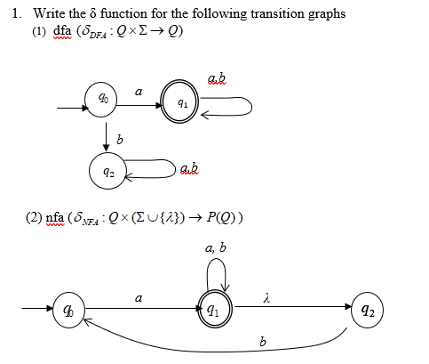 1. Write the ô function for the following transition graphs
(1) dfa (δοΕ: QxΣ Q)
a
91
92
(2) nfa (5NF4 : Qx (EU{2})→ P(Q))
www
a, b
a
92
