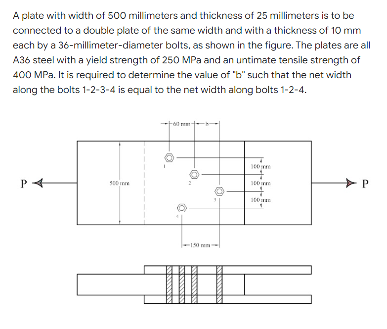A plate with width of 500 millimeters and thickness of 25 millimeters is to be
connected to a double plate of the same width and with a thickness of 10 mm
each by a 36-millimeter-diameter bolts, as shown in the figure. The plates are all
A36 steel with a yield strength of 250 MPa and an untimate tensile strength of
400 MPa. It is required to determine the value of "b" such that the net width
along the bolts 1-2-3-4 is equal to the net width along bolts 1-2-4.
60 mm
100 mm
100 mm
P
500 mm
100 mm.
PA
150 mm 1
3