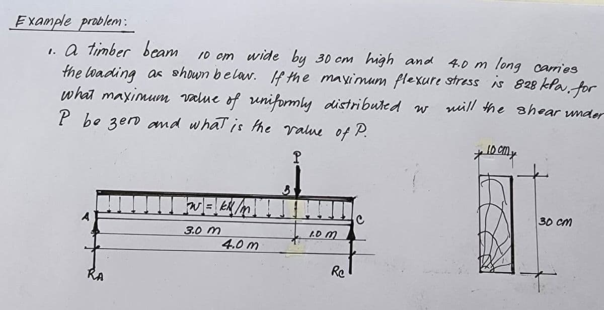 Example problem:
1. A timber beam
10 cm wide by 30 cm high and 4.0 m long carries
the loading as shown below. If the maximum flexure stress is 828 kPa. for
what maximum value of uniformly distributed w
will the shear under
P be zero and what is the value of P.
*10 cmy
P
w = [kN/m² !
30 cm
3.0 m
4.0 m
3
1.0 M
Re