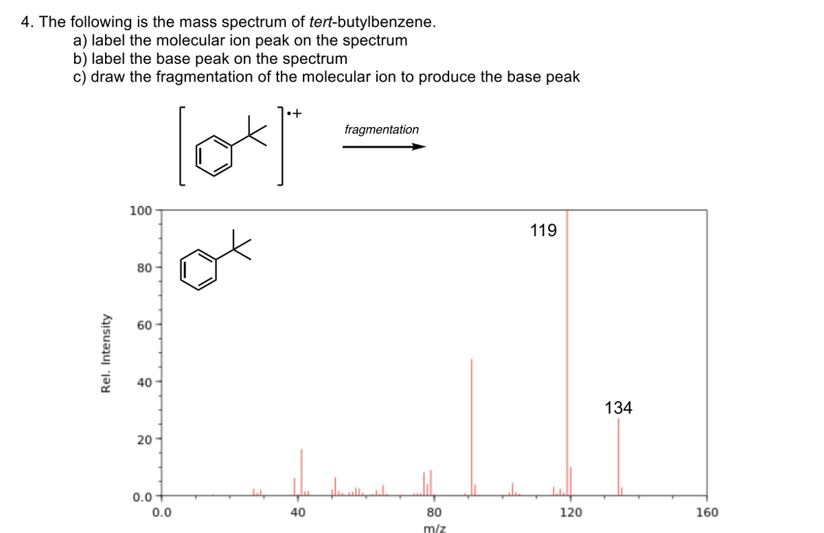4. The following is the mass spectrum of tert-butylbenzene.
a) label the molecular ion peak on the spectrum
b) label the base peak on the spectrum
c) draw the fragmentation of the molecular ion to produce the base peak
fragmentation
100
119
80
60
40
134
20
0.0+
0.0
40
80
120
160
m/z
Rel. Intensity
