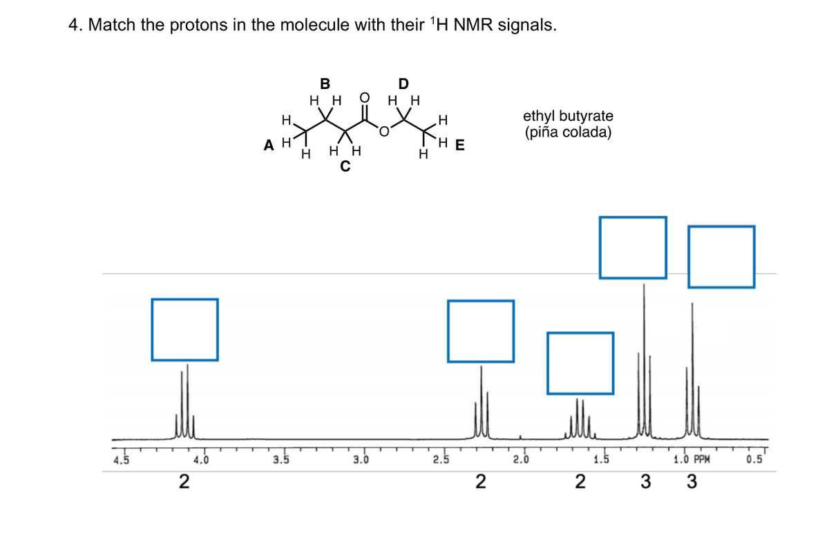4. Match the protons in the molecule with their 'H NMR signals.
В
нн
нн
ethyl butyrate
(piña colada)
H.
H
Ан
H H H
НЕ
H
4.5
4.0
3.5
3.0
2.5
2.0
1.5
1.0 PPM
0.5
2
2
3
3
