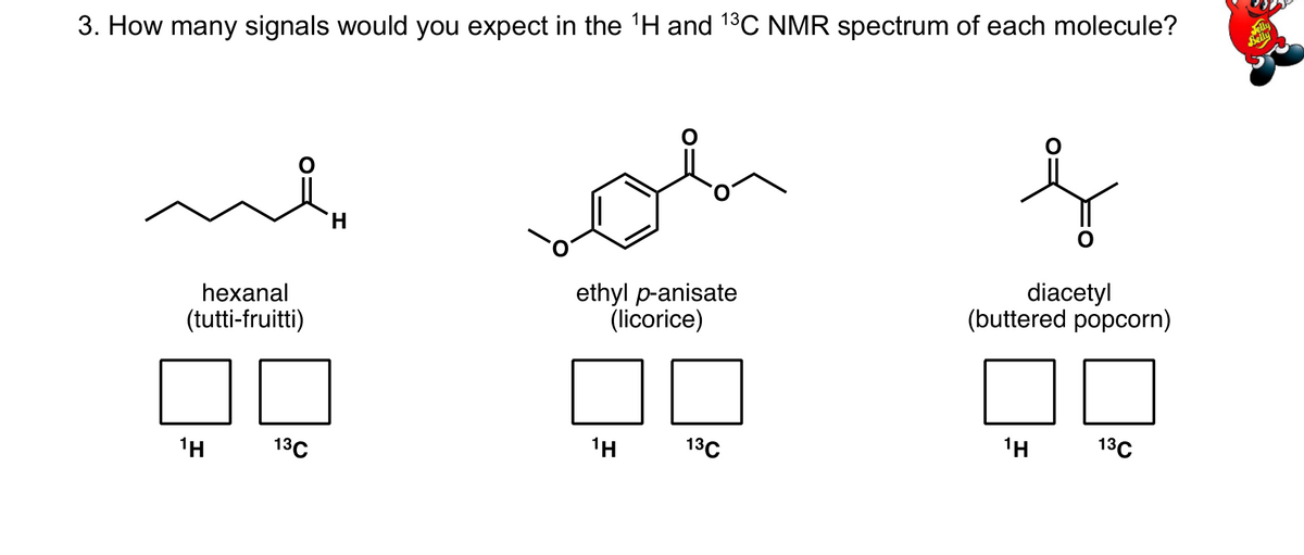 3. How many signals would you expect in the 1H and 13C NMR spectrum of each molecule?
H.
ethyl p-anisate
(licorice)
diacetyl
(buttered popcorn)
hexanal
(tutti-fruitti)
1H
13C
1H
13C
1H
13C
