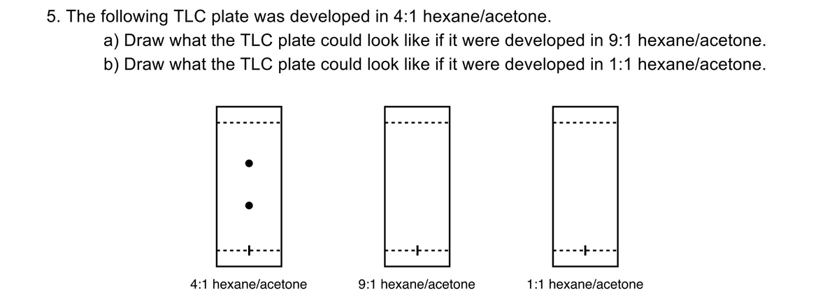 5. The following TLC plate was developed in 4:1 hexane/acetone.
a) Draw what the TLC plate could look like if it were developed in 9:1 hexane/acetone.
b) Draw what the TLC plate could look like if it were developed in 1:1 hexane/acetone.
4:1 hexane/acetone
9:1 hexane/acetone
1:1 hexane/acetone
