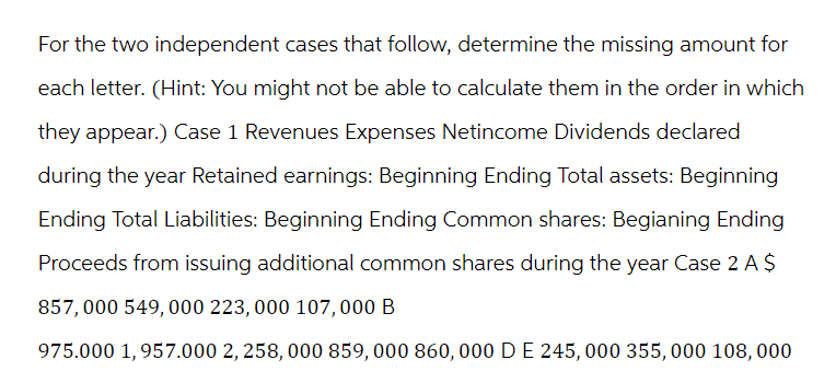 For the two independent cases that follow, determine the missing amount for
each letter. (Hint: You might not be able to calculate them in the order in which
they appear.) Case 1 Revenues Expenses Netincome Dividends declared
during the year Retained earnings: Beginning Ending Total assets: Beginning
Ending Total Liabilities: Beginning Ending Common shares: Begianing Ending
Proceeds from issuing additional common shares during the year Case 2 A $
857,000 549,000 223, 000 107,000 B
975.000 1,957.000 2, 258, 000 859, 000 860, 000 D E 245, 000 355, 000 108,000