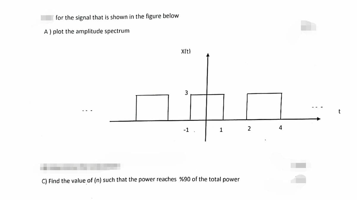 for the signal that is shown in the figure below
A) plot the amplitude spectrum
X(t)
3
-1
1
C) Find the value of (n) such that the power reaches %90 of the total power
2
4
t