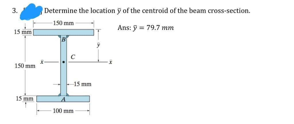3.
15 mm
150 mm
15 mm
Determine the location y of the centroid of the beam cross-section.
150 mm
Ans: y = 79.7 mm
B
A
C
-15 mm
100 mm
y
X