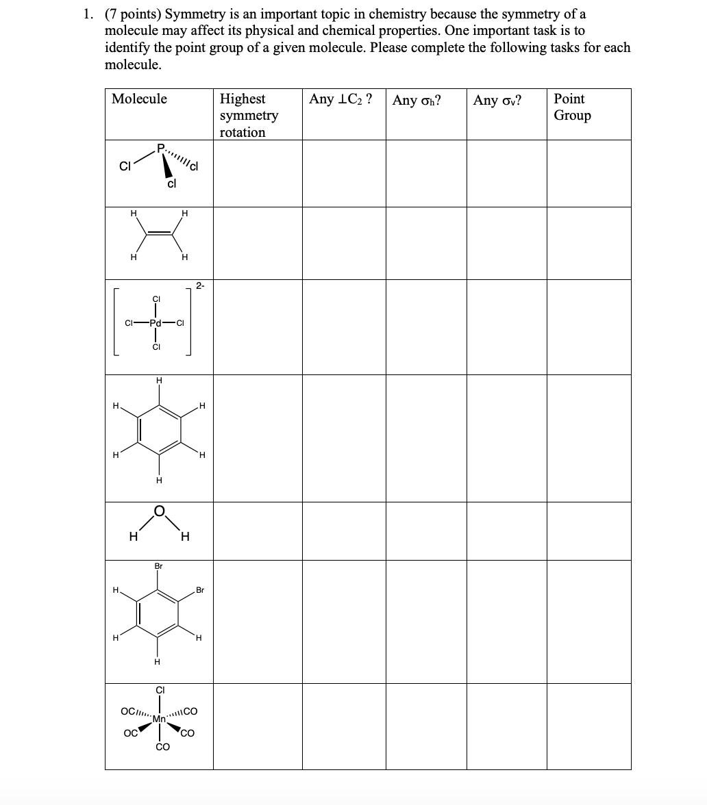 1. (7 points) Symmetry is an important topic in chemistry because the symmetry of a
molecule may affect its physical and chemical properties. One important task is to
identify the point group of a given molecule. Please complete the following tasks for each
molecule.
Molecule
Any LC₂ ? Any oh?
Any ov?
Point
Highest
symmetry
rotation
Group
CI
H
H
P
H
H
H
H
H
+
CI
cl
H
H
2-
H
H
Br
Br
H
H
CI
OC MICO
OC
CO
CO
