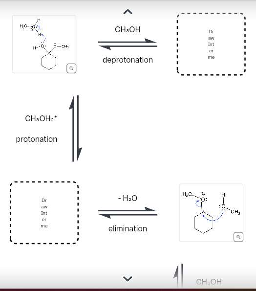 H₂C-
CH3OH₂*
protonation
Dr
aw
Int
er
me
CH,
Q
CH3OH
deprotonation
- H₂O
elimination
Dr
aw
Int
er
me
I-O
H
CH3OH
CH₂