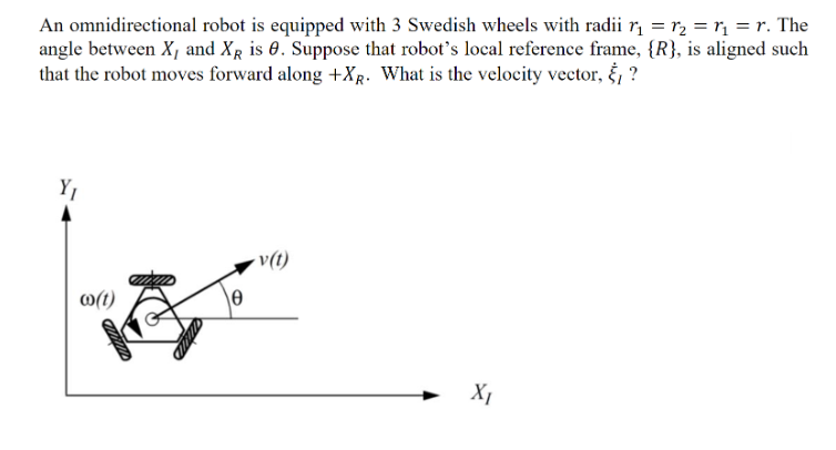 An omnidirectional robot is equipped with 3 Swedish wheels with radii r = r₂ = ₁ = r. The
angle between X, and XR is 0. Suppose that robot's local reference frame, {R}, is aligned such
that the robot moves forward along +XR. What is the velocity vector, ?
Y₁
wo(t)
Ꮎ
v(t)
X₁