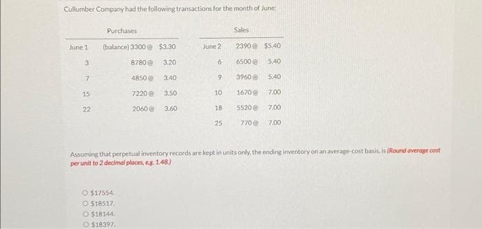 Cullumber Company had the following transactions for the month of June:
June 1
3
7
15
22
Purchases
(balance) 3300 @ $3.30
8780@
3.20
4850@ 3.40
7220@ 3.50
2060@ 3.60
June 2
O $17554
O $18517.
O $18144.
O $18397.
6
9
10
18
25
Sales
2390@ $5.40
6500 @
5.40
3960@ 5.40
1670@
7.00
5520@ 7.00
770@
7.00
Assuming that perpetual inventory records are kept in units only, the ending inventory on an average-cost basis, is (Round average cost
per unit to 2 decimal places, eg. 1.48)