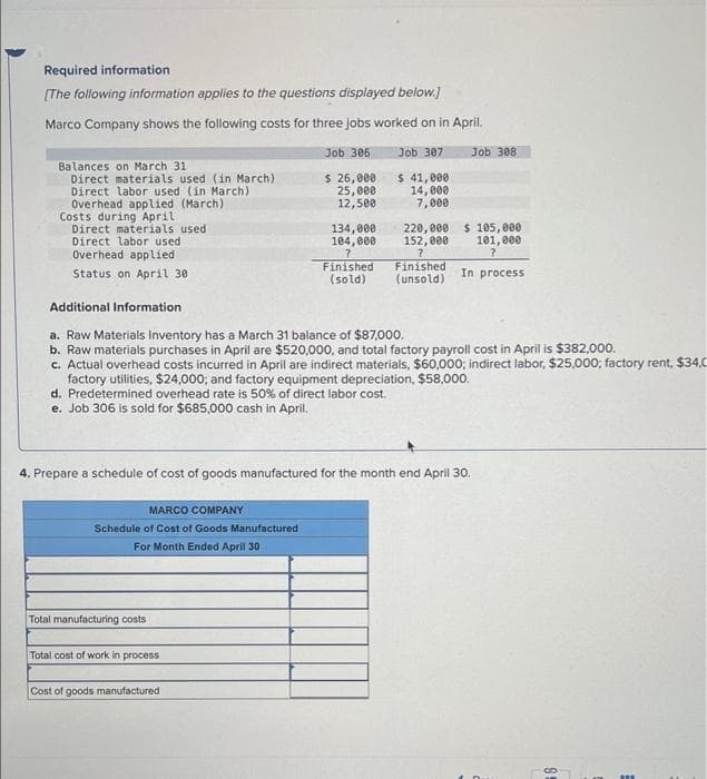 Required information
[The following information applies to the questions displayed below.]
Marco Company shows the following costs for three jobs worked on in April.
Job 306
$ 26,000
25,000
12,500
Balances on March 31
Direct materials used (in March)
Direct labor used (in March)
Overhead applied (March)
Costs during April
Direct materials used i
Direct labor usedi
Overhead applied
Status on April 30
MARCO COMPANY
Schedule of Cost of Goods Manufactured
For Month Ended April 30
134,000
104,000
?
Finished
(sold)
Total manufacturing costs
Job 307
$ 41,000
14,000
7,000
Total cost of work in process
220,000
152,000
?
Additional Information
a. Raw Materials Inventory has a March 31 balance of $87,000.
b. Raw materials purchases in April are $520,000, and total factory payroll cost in April is $382,000.
c. Actual overhead costs incurred in April are indirect materials, $60,000; indirect labor, $25,000; factory rent, $34,0
Cost of goods manufactured
Finished
(unsold)
factory utilities, $24,000; and factory equipment depreciation, $58,000.
d. Predetermined overhead rate is 50% of direct labor cost.
e. Job 306 is sold for $685,000 cash in April.
Job 308
4. Prepare a schedule of cost of goods manufactured for the month end April 30.
$ 105,000
101,000
?
In process
95
m
