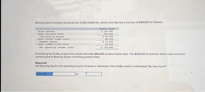 Blowing Sand Company produces the Drafty model fan, which currently has a net loss of $48,000 as follows:
Drafty Model
$ 320,000
224,000
$ 96,000
86,000
$10,000
58,000
(48,000)
Sales revenue
Less: Variable costs
Contribution margin
Less Direct fixed costs
Segnent margin
Less: Common fixed costs
Net operating income (loss)
Eliminating the Drafty product line would eliminate $86,000 of direct fixed costs. The $58,000 of common fixed costs would be
redistributed to Blowing Sand's remaining product lines.
Required:
Will Blowing Sand's net operating income increase or decrease if the Drafty model is eliminated? By how much?
Total profil
by