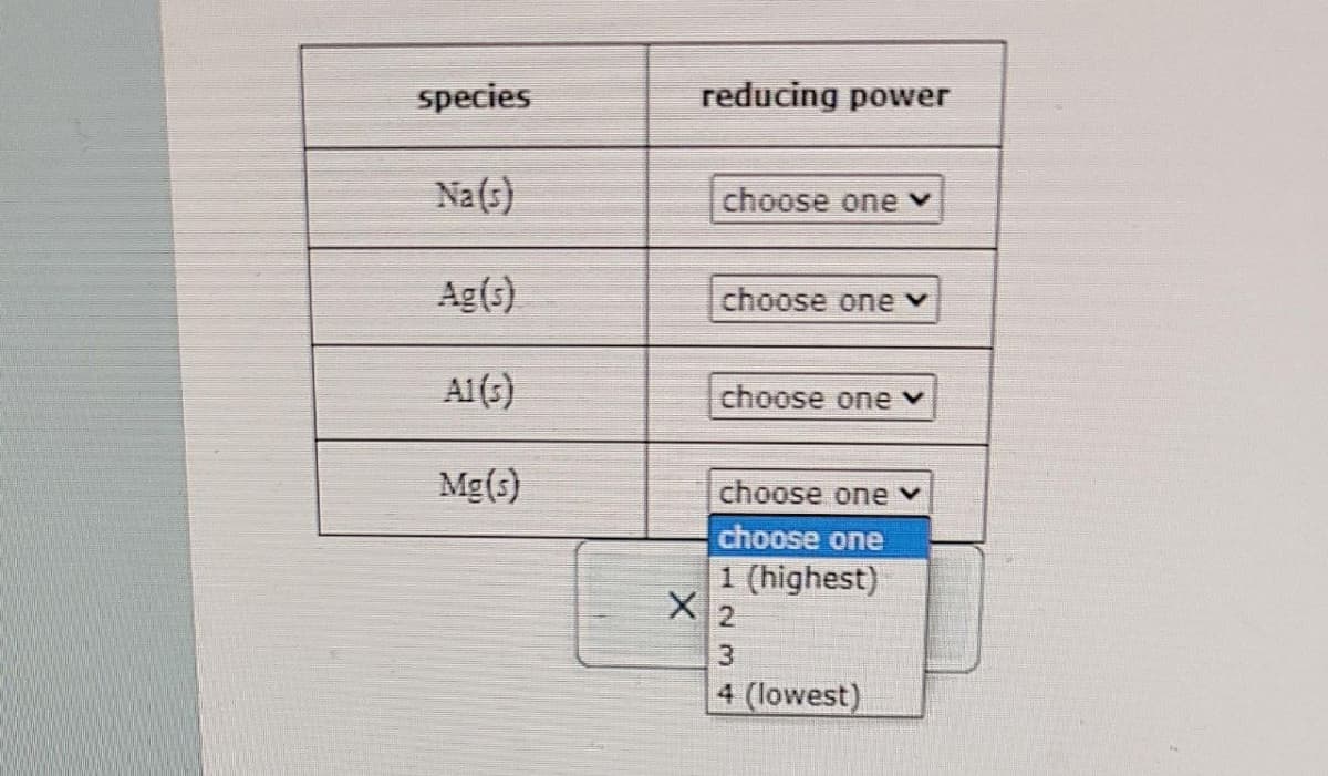 species
Na(s)
Ag(s)
Al(s)
Mg(s)
reducing power
choose one v
choose one v
choose one v
choose one ✓
choose one
1 (highest)
X 2
3
4 (lowest)