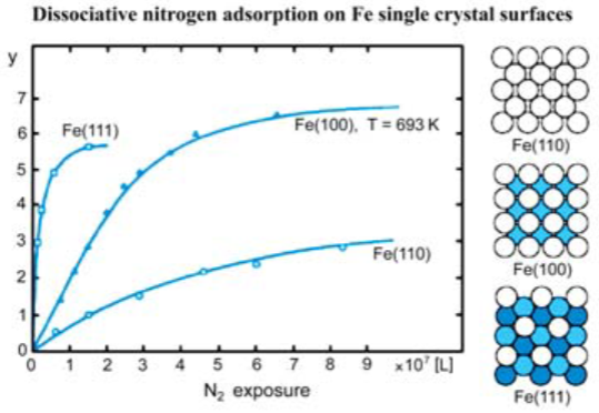 7
Dissociative nitrogen adsorption on Fe single crystal surfaces
6 Fe(111)
5
3
2
0 1 2 3
45
Fe(100), T=693 K
7
N₂ exposure
Fe(110)
8 9 10 [L]
Fe(110)
Fe(100)
Fe(111)