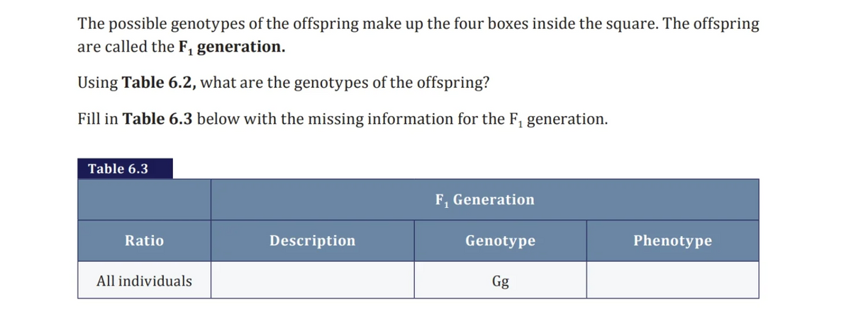 The possible genotypes of the offspring make up the four boxes inside the square. The offspring
are called the F₁ generation.
Using Table 6.2, what are the genotypes of the offspring?
Fill in Table 6.3 below with the missing information for the F₁ generation.
Table 6.3
Ratio
All individuals
Description
F₁ Generation
Genotype
Gg
Phenotype