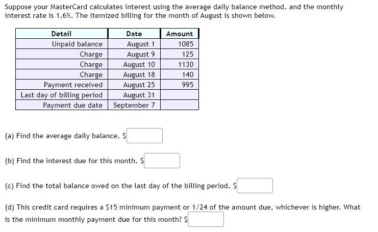 Suppose your MasterCard calculates interest using the average daily balance method, and the monthly
interest rate is 1.6%. The itemized billing for the month of August is shown below.
Detail
Unpaid balance
Charge
Charge
Charge
Payment received
Last day of billing period
Payment due date
Date
August 1
August 9
August 10
August 18
August 25
August 31
September 7
(a) Find the average daily balance. $
(b) Find the interest due for this month. $
Amount
1085
125
1130
140
995
(c) Find the total balance owed on the last day of the billing period. $
(d) This credit card requires a $15 minimum payment or 1/24 of the amount due, whichever is higher. What
is the minimum monthly payment due for this month? $
