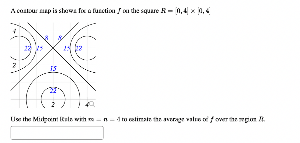 A contour map is shown for a function f on the square R= [0, 4] × [0, 4]
2
22 15
15
22
15 22
Use the Midpoint Rule with m = n = 4 to estimate the average value of f over the region R.